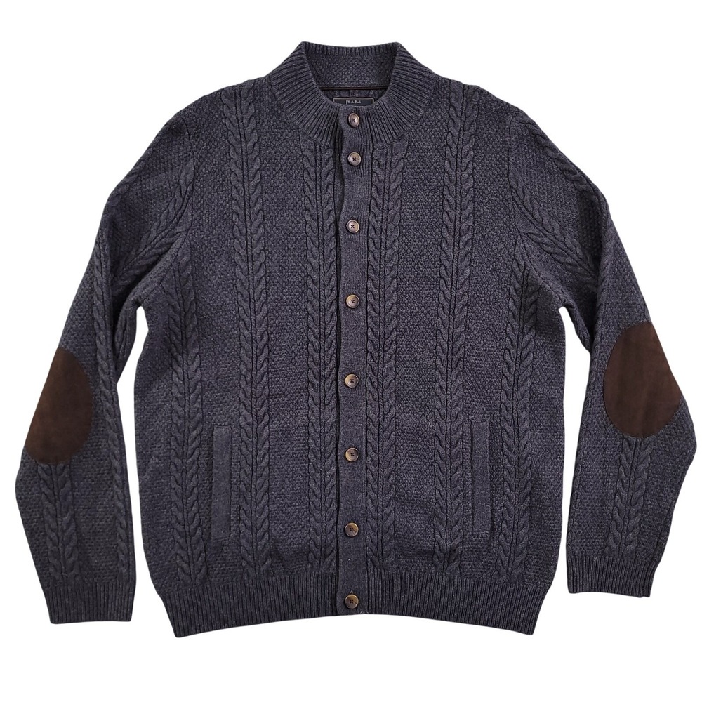 Jos A Bank Cardigan Sweater Men 2XL Gray Wool Cable Knit Elbow Patch Heavyweight